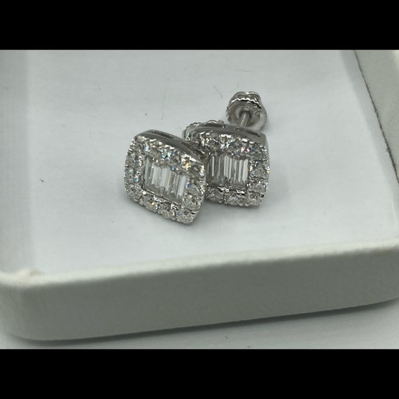 Silver Moissanite Earrings Micro Pave Emerald Cut 9.7 mm 11 ct - Picture 4 of 7